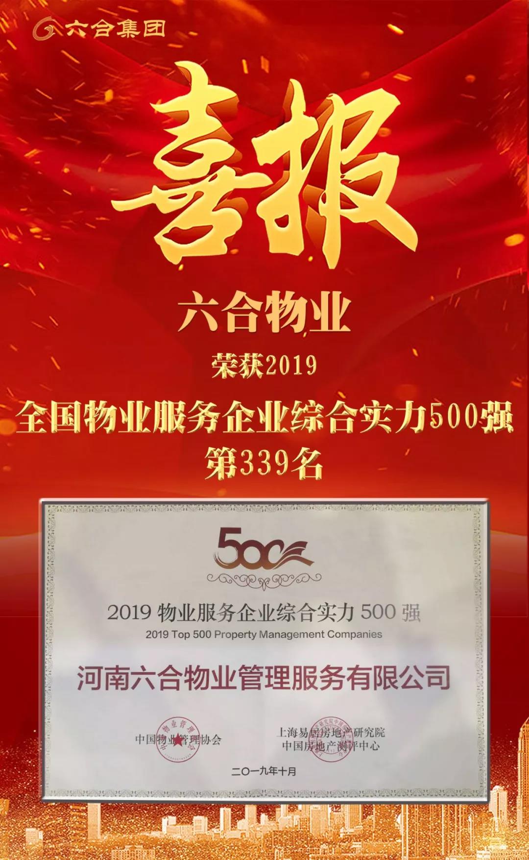 喜讯 | 六合物业荣获2019全国物业服务企业综合实力500强第339名